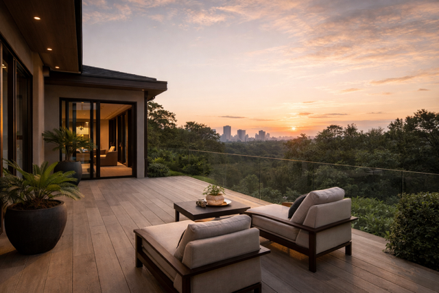 Private luxury villa terrace in Atlanta with peaceful sunrise and city skyline views