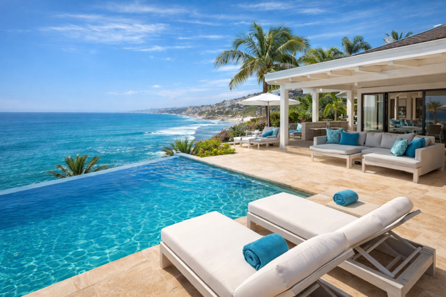 Luxury oceanfront villa in San Diego with infinity pool and coastal views under clear blue skies