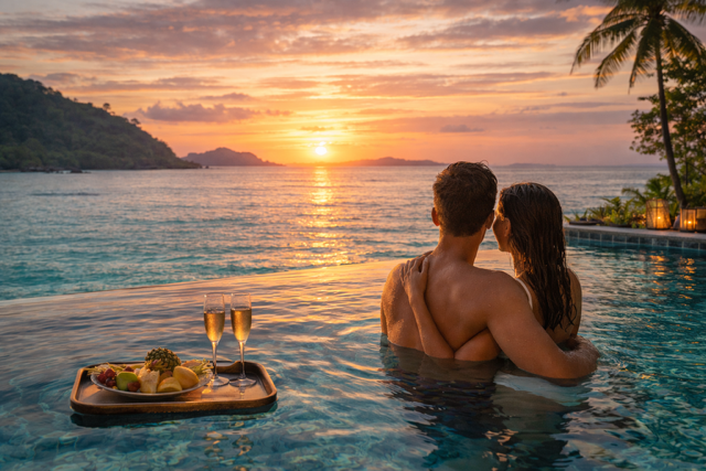 Couple relaxing in a private infinity pool at sunset in a luxury Malaysia villa with ocean view