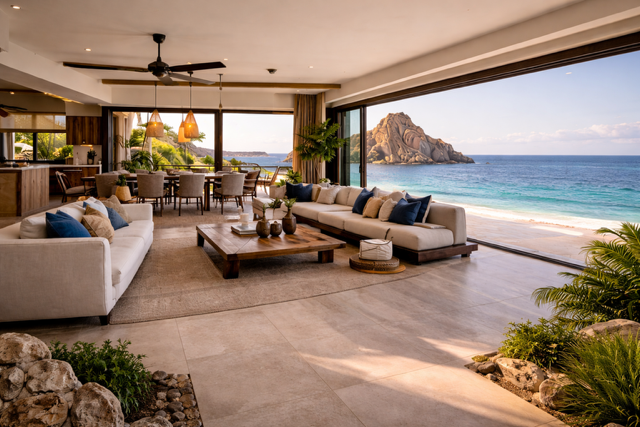 Luxury villa interior in Cabo San Lucas with open ocean view living space