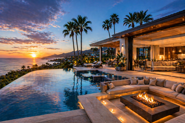 modern luxury villa in the USA with infinity pool, outdoor lounge seating, fire pit, and ocean sunset view with palm trees