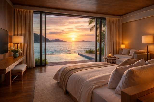 Luxury villa bedroom in Malaysia with ocean view and private infinity pool at sunset