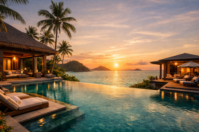 Luxury beachfront villa in the Philippines with infinity pool overlooking the ocean at sunset, surrounded by palm trees and tropical scenery