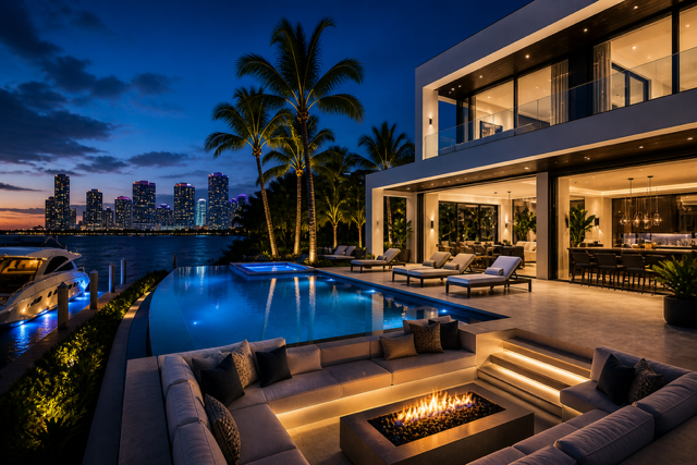 Ultra luxury Miami waterfront villa at night with infinity pool, fire pit, and skyline view
