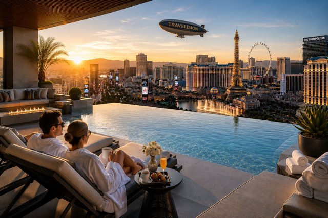 Luxury villa in Las Vegas with the Travelision blimp.