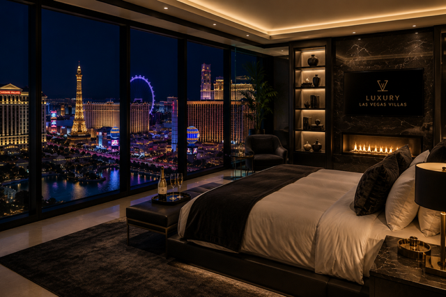 Luxury Las Vegas villa bedroom suite with floor-to-ceiling Strip skyline views, dark modern interior design, marble fireplace, champagne setup, and upscale nighttime luxury atmosphere.

