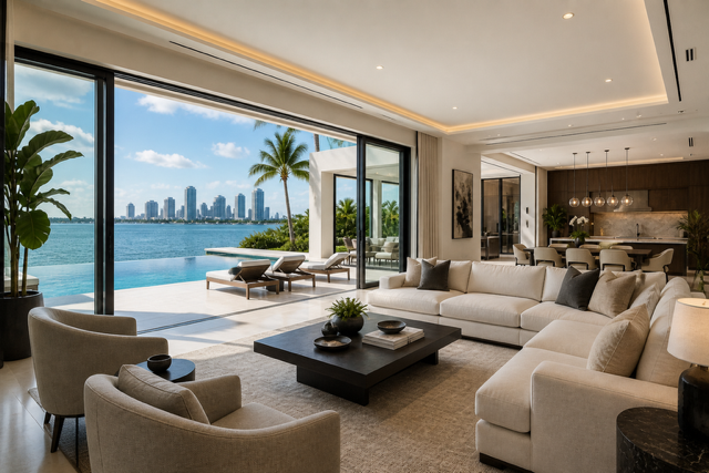 Modern Miami luxury villa interior with open living space, ocean view, and private infinity pool