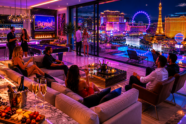 Luxury Las Vegas villa interior at night with panoramic Strip skyline views, modern lounge seating, champagne, neon city lights, infinity pool terrace, and stylish guests enjoying an upscale private villa experience.

