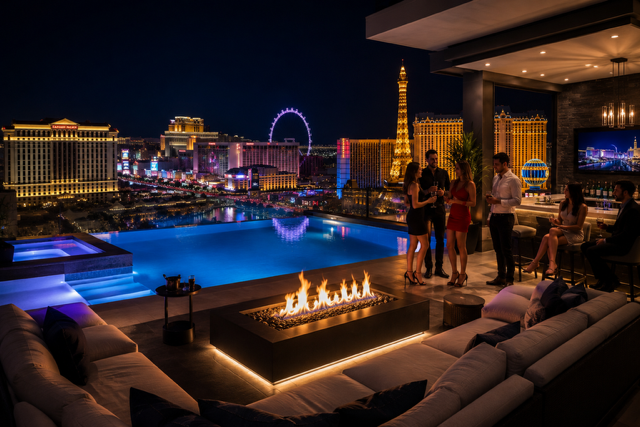Luxury rooftop villa overlooking the Las Vegas Strip at night with an infinity pool, fire pit, modern outdoor lounge seating, and guests enjoying cocktails beside glowing city skyline views.