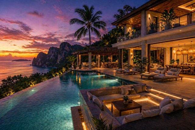 Ultra luxury villa in the Philippines at sunset with infinity pool and full-service resort-style design