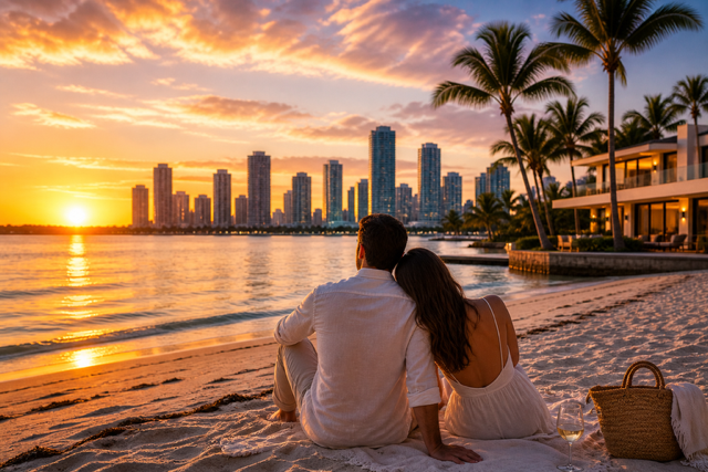 Couple enjoying a luxury beachfront sunset in Miami with skyline views and private villa setting