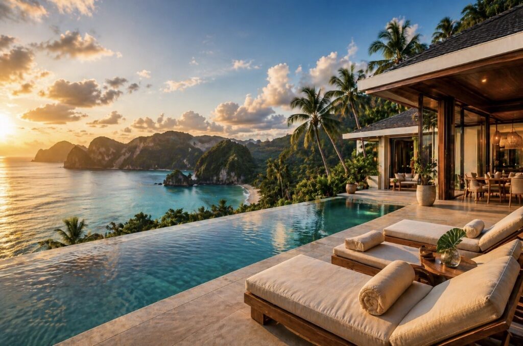 Luxury villa in the Philippines with infinity pool overlooking tropical ocean at sunset