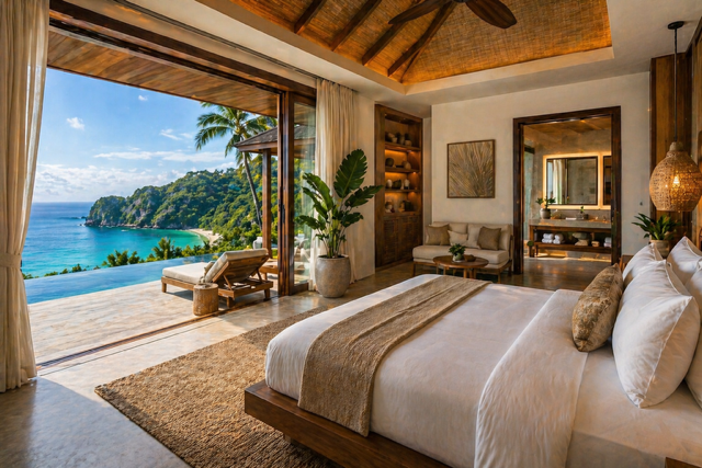 Luxury villa bedroom in the Philippines with ocean view terrace and modern tropical design