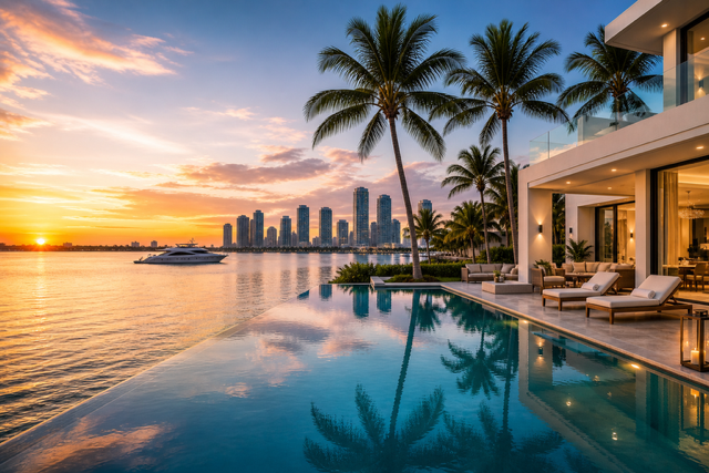Luxury waterfront villa in Miami with infinity pool, palm trees, and sunset skyline view